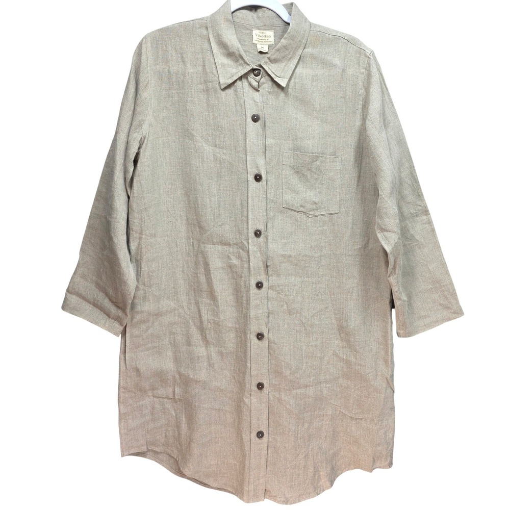 Vikolino European All Linen Shirt Dress Button Down Tunic Beige Sz M to L‎ New